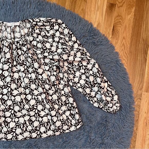 Ann Taylor Loft Brown White Floral Cotton Peasant Style Blouse Size L - Picture 3 of 8